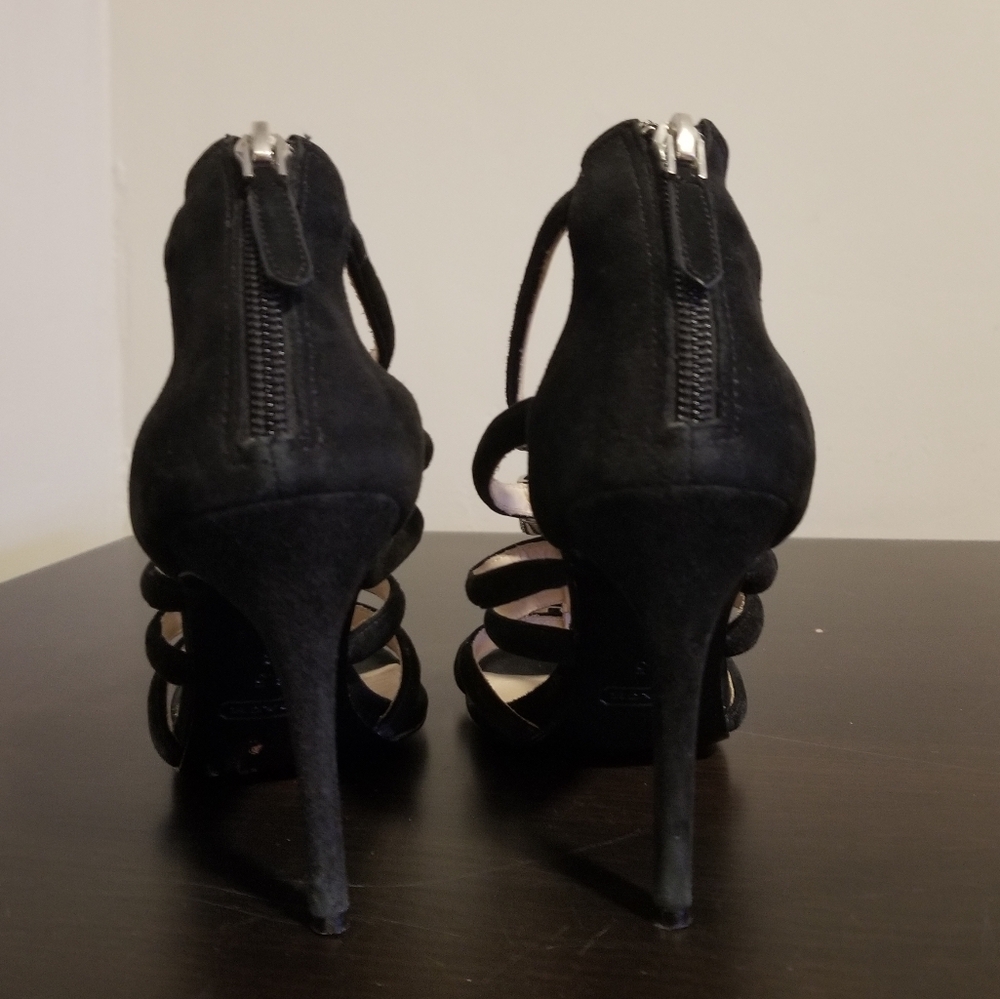COACH LAILA SEXY SUEDE LEATHER SILVER CRYSTAL BOW HEELS CAGE HOLIDAY STILETTO - Picture 7 of 8